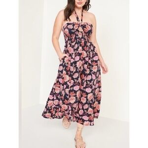 Old Navy Sleeveless Halter  Floral Smocked Maxi Dress Cottage Bloomcore M Tall